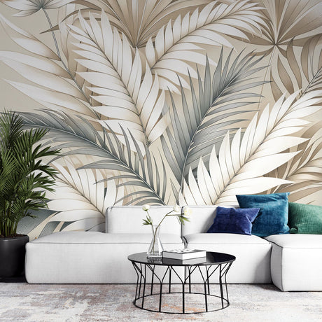 Tropical palm leaf wallpaper in beige and grey tones creating a serene atmosphere in a modern living room setting