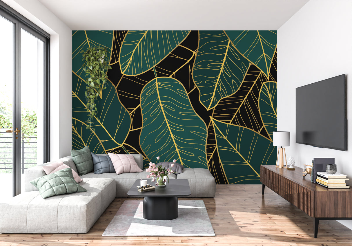 Home office featuring botanical wallpaper with gold palm leaves on emerald background