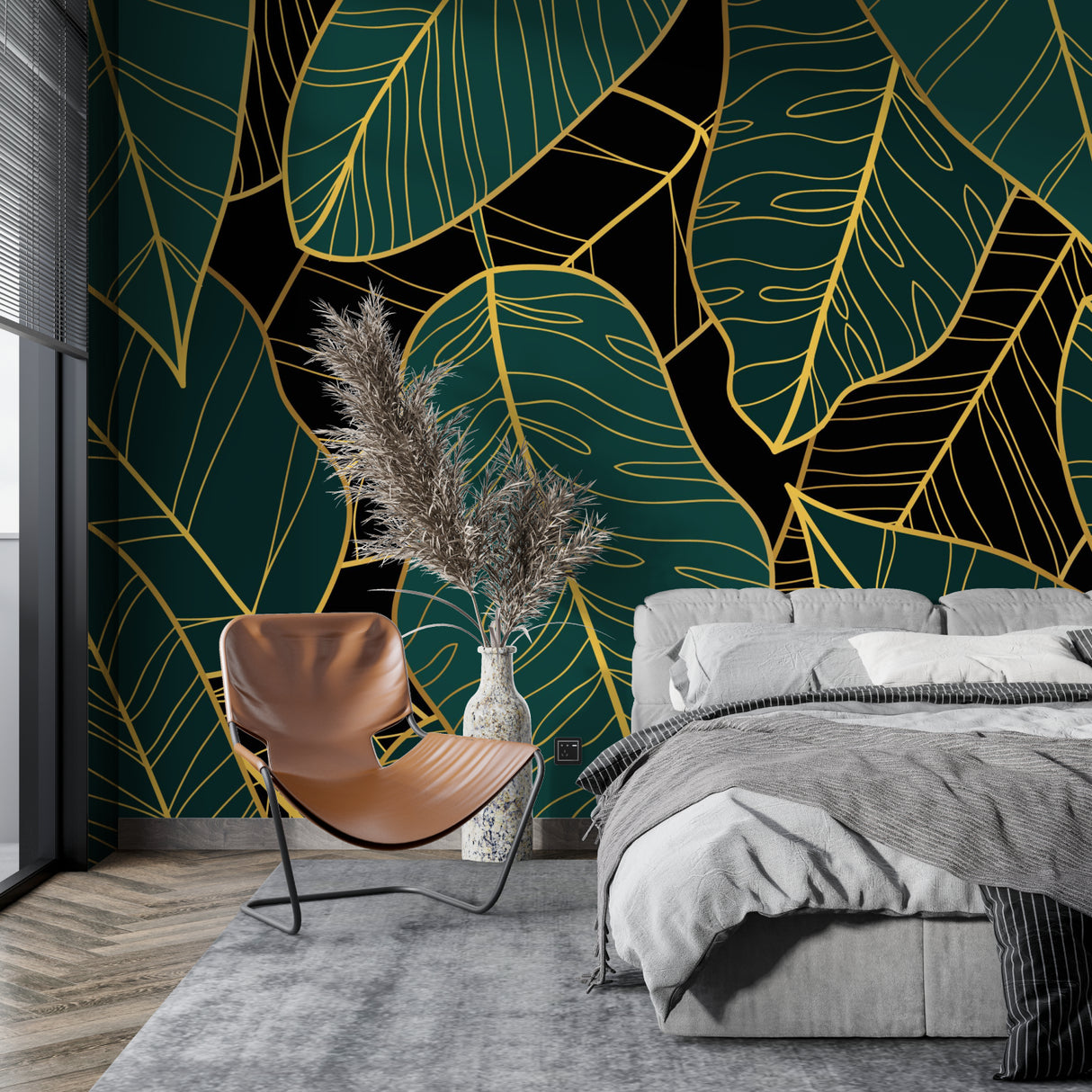 Green and gold tropical wallpaper creating drama in master bedroom setting