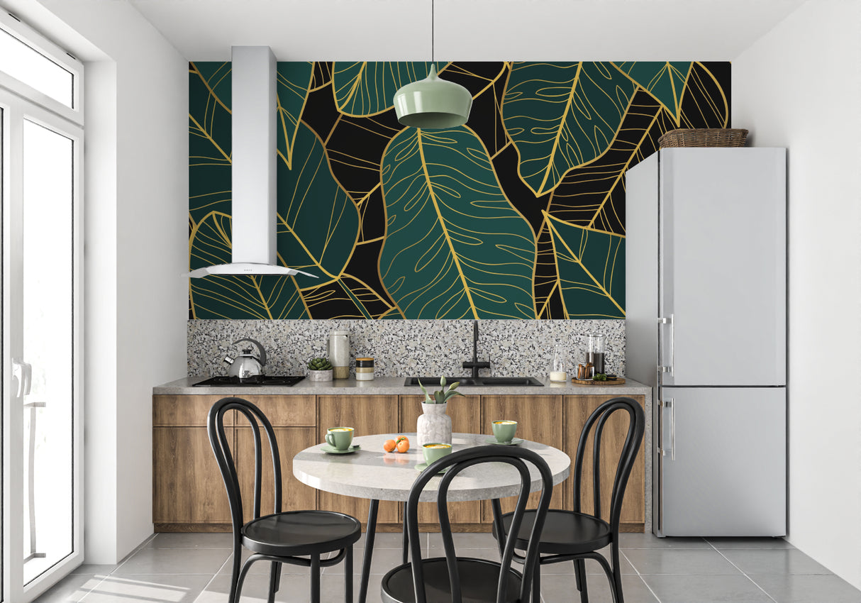 Luxury botanical wallpaper with emerald leaves in dining room space