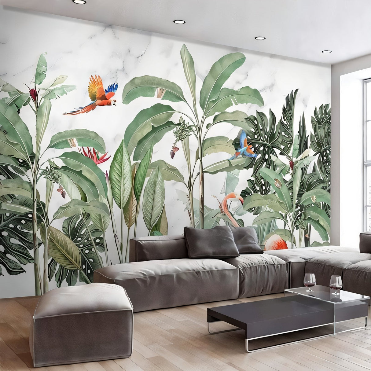 Tropical bird and banana leaf wallpaper creating a fresh vibe in modern living room