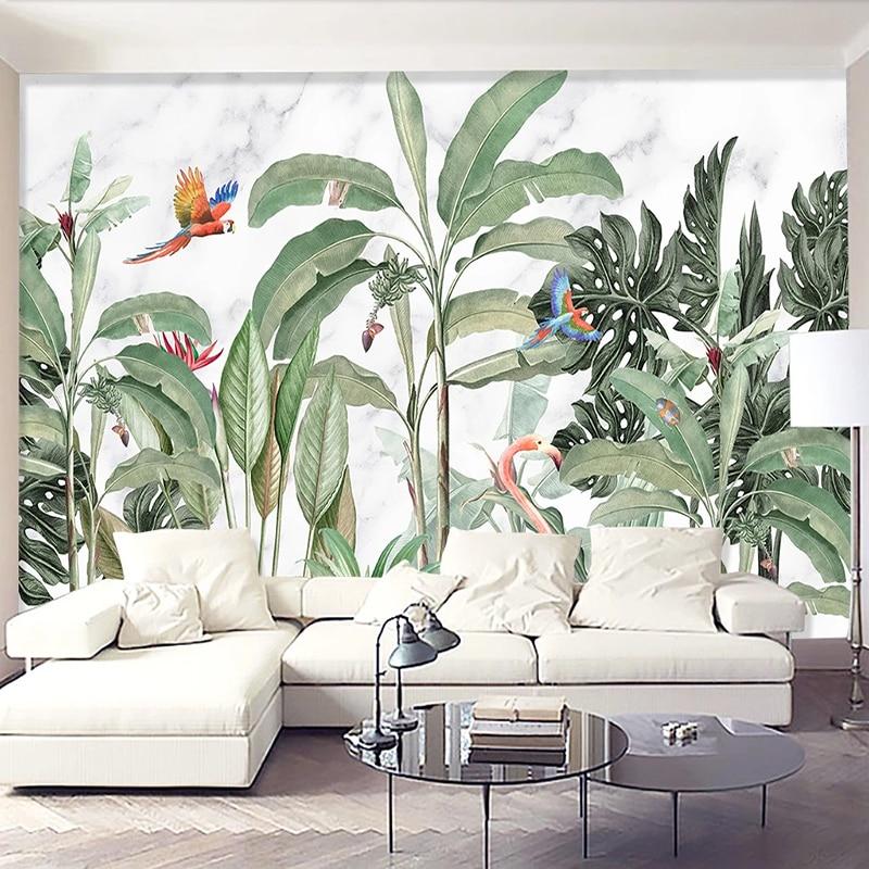 Botanical wall mural with tropical birds in dining room space