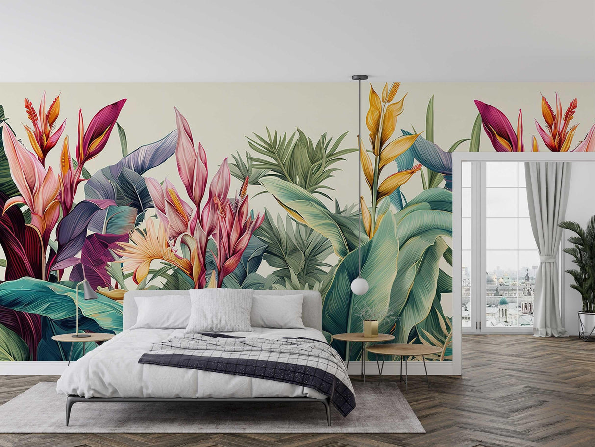 Tropical Birds of Paradise wallpaper bringing warmth to a modern living room with white furniture