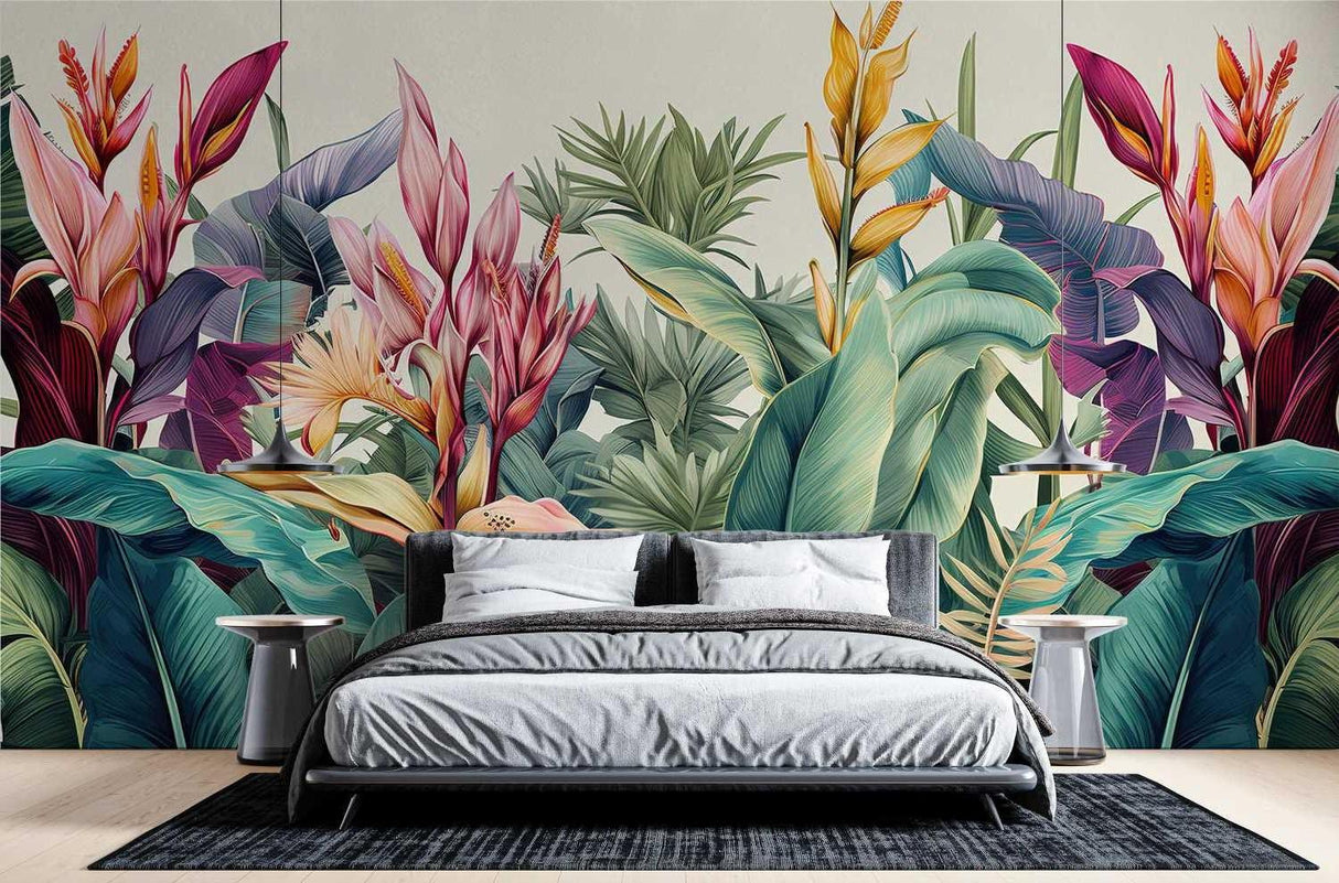 Birds of Paradise wall mural creating a stunning backdrop in a luxury hotel lobby