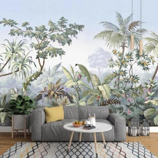 Tropical paradise wallpaper creating a serene atmosphere in a modern living room with natural light