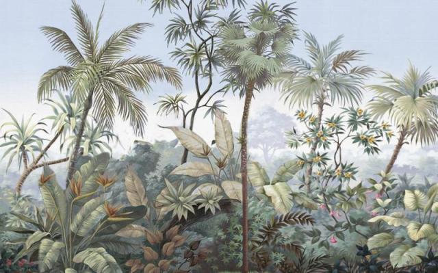 Palm and foliage wallpaper transforming a bedroom into a peaceful tropical retreat