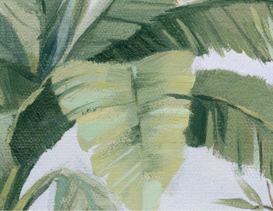 Design file showing detailed palm leaves and exotic foliage pattern in rich green tones