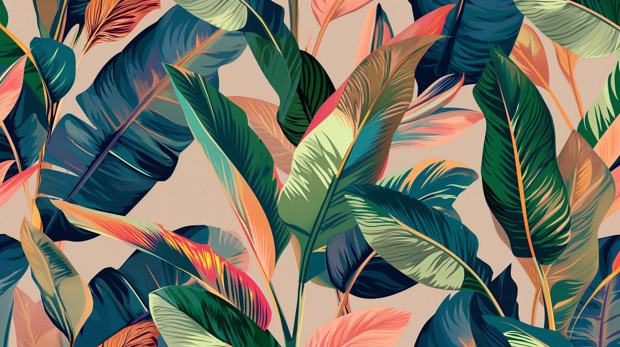 Tropical palm leaves wallpaper creating a calm atmosphere in a modern living room with natural light and minimal furniture