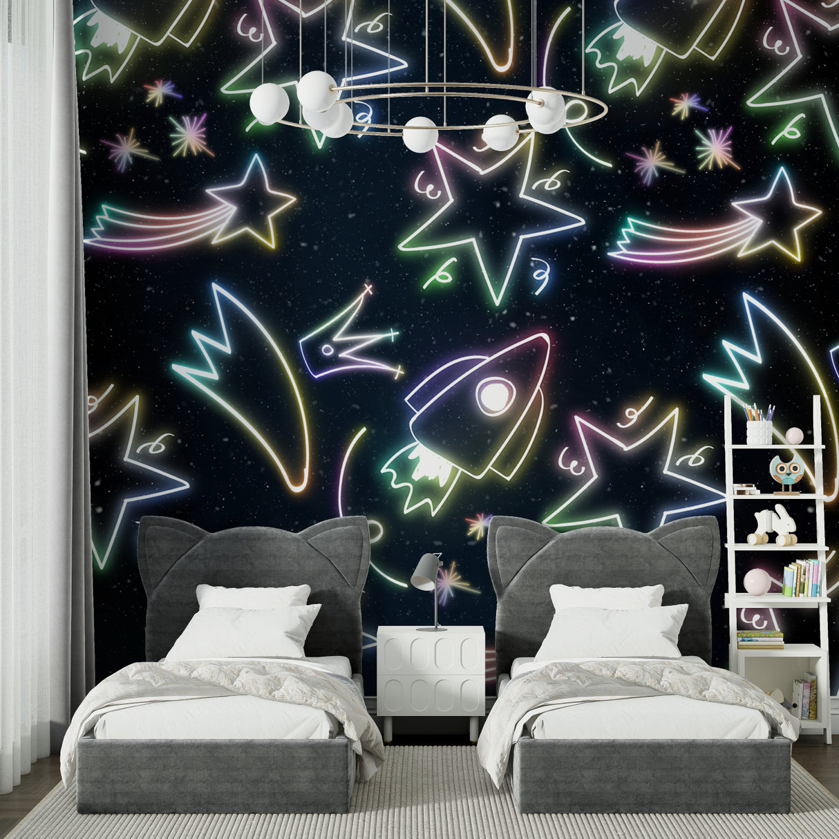 Tropical flamingo wallpaper mural creating a cozy atmosphere in a modern bedroom with ambient lighting