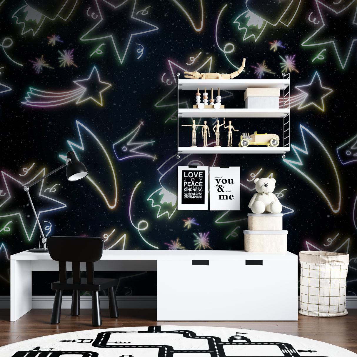 Moonlit flamingo wall mural adding depth to a stylish living room space