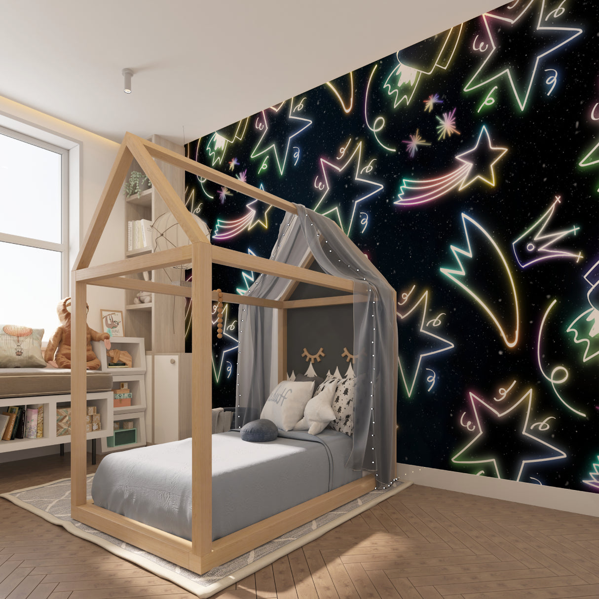 Tropical night wallpaper bringing magic to a home office with golden accents