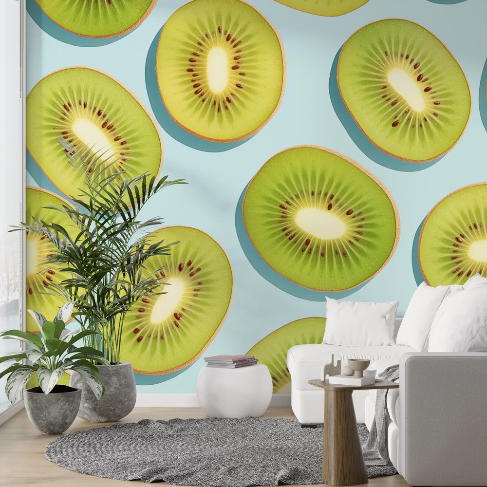 Fresh Kiwi Pattern Wallpaper brightening a modern kitchen with clean white cabinets and natural light