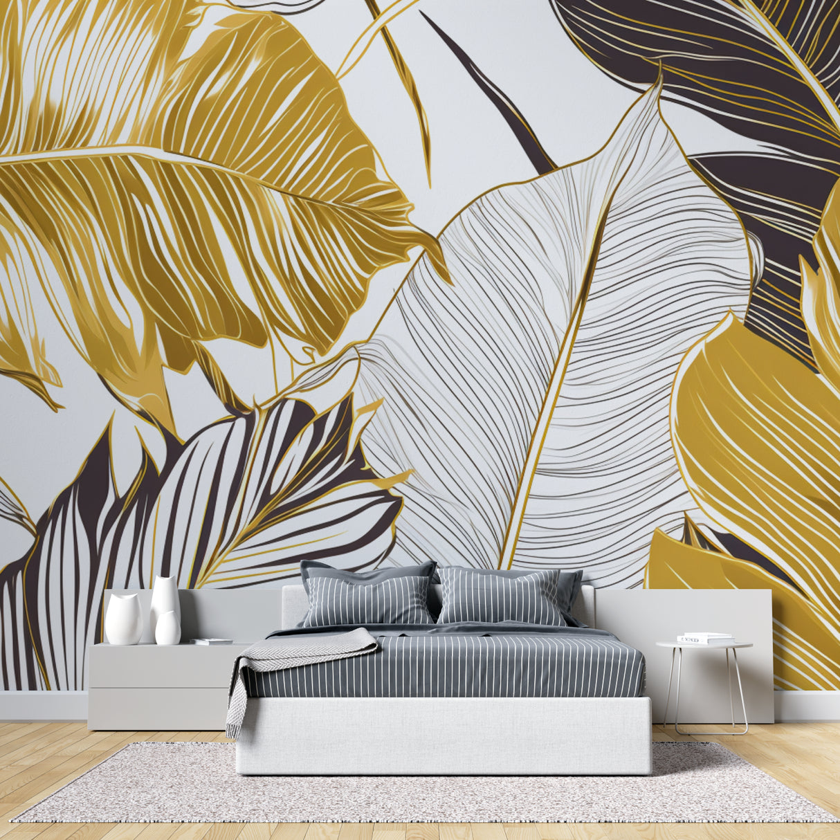Tropical gold leaf wallpaper in modern living room with white sofa and natural light