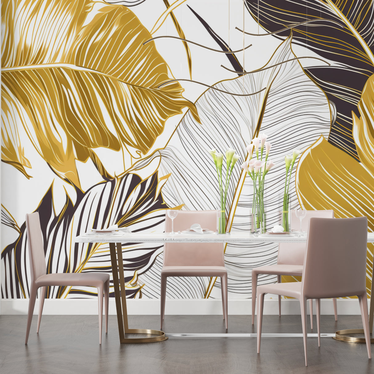 Master bedroom featuring black and gold tropical leaf pattern wallpaper