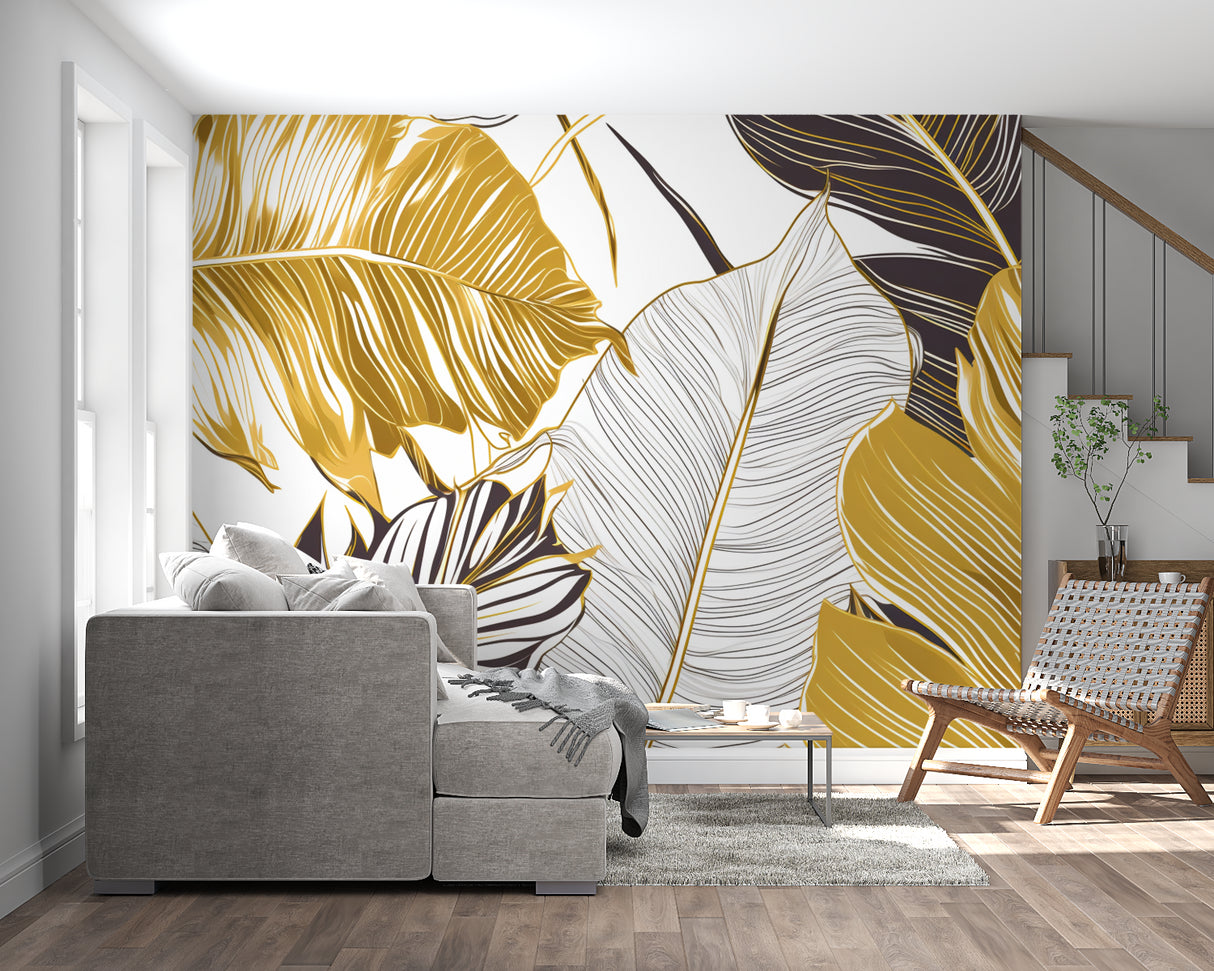 Home office with gold leaf wall mural creating sophisticated atmosphere