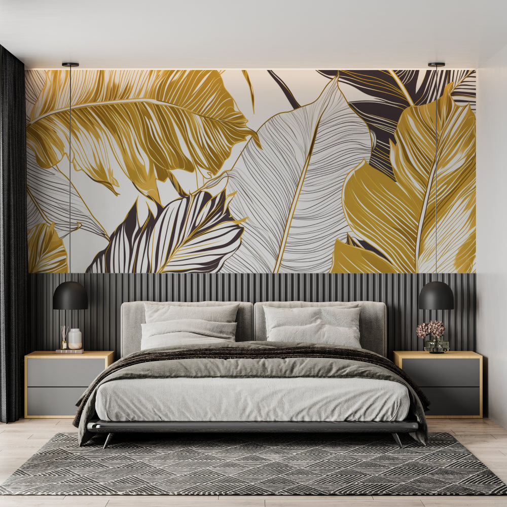 Entrance hall decorated with luxury tropical wallpaper in gold and black