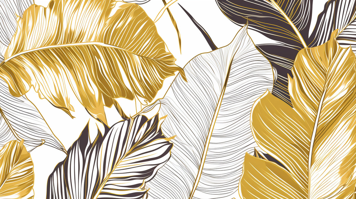Design file of gold and black tropical leaf pattern on white background