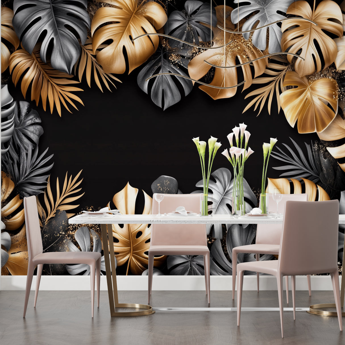 Black and gold Monstera leaf mural in luxury master bedroom setting