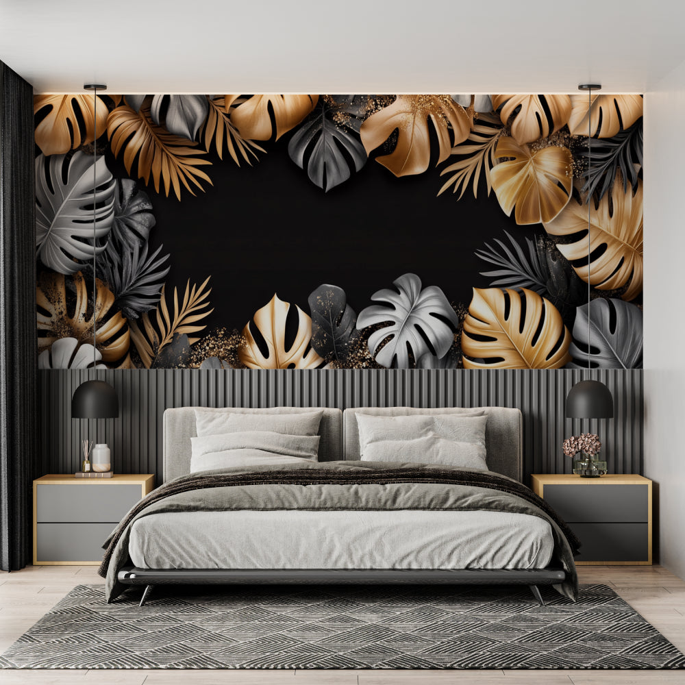 Metallic gold tropical leaf wallpaper in contemporary living room