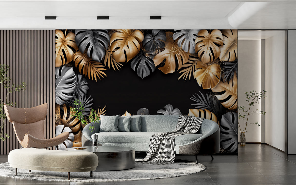 Gold Monstera wallpaper creating dramatic accent wall in home office