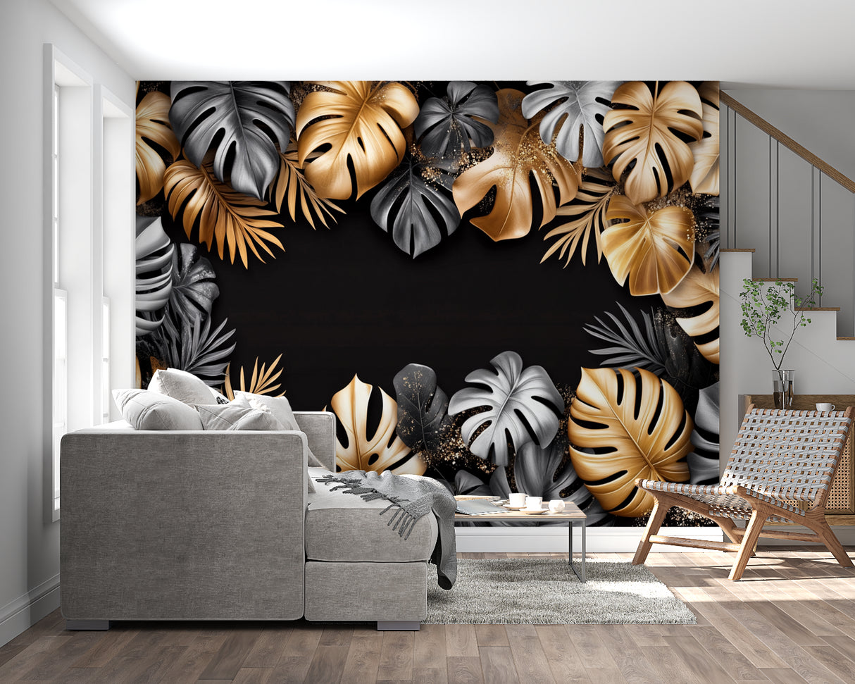 Tropical black and gold leaf mural in boutique hotel lobby