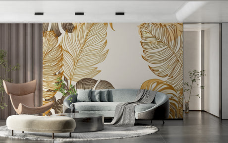 Tropical leaf wallpaper in modern living room, gold and brown Monstera leaves creating elegant accent wall
