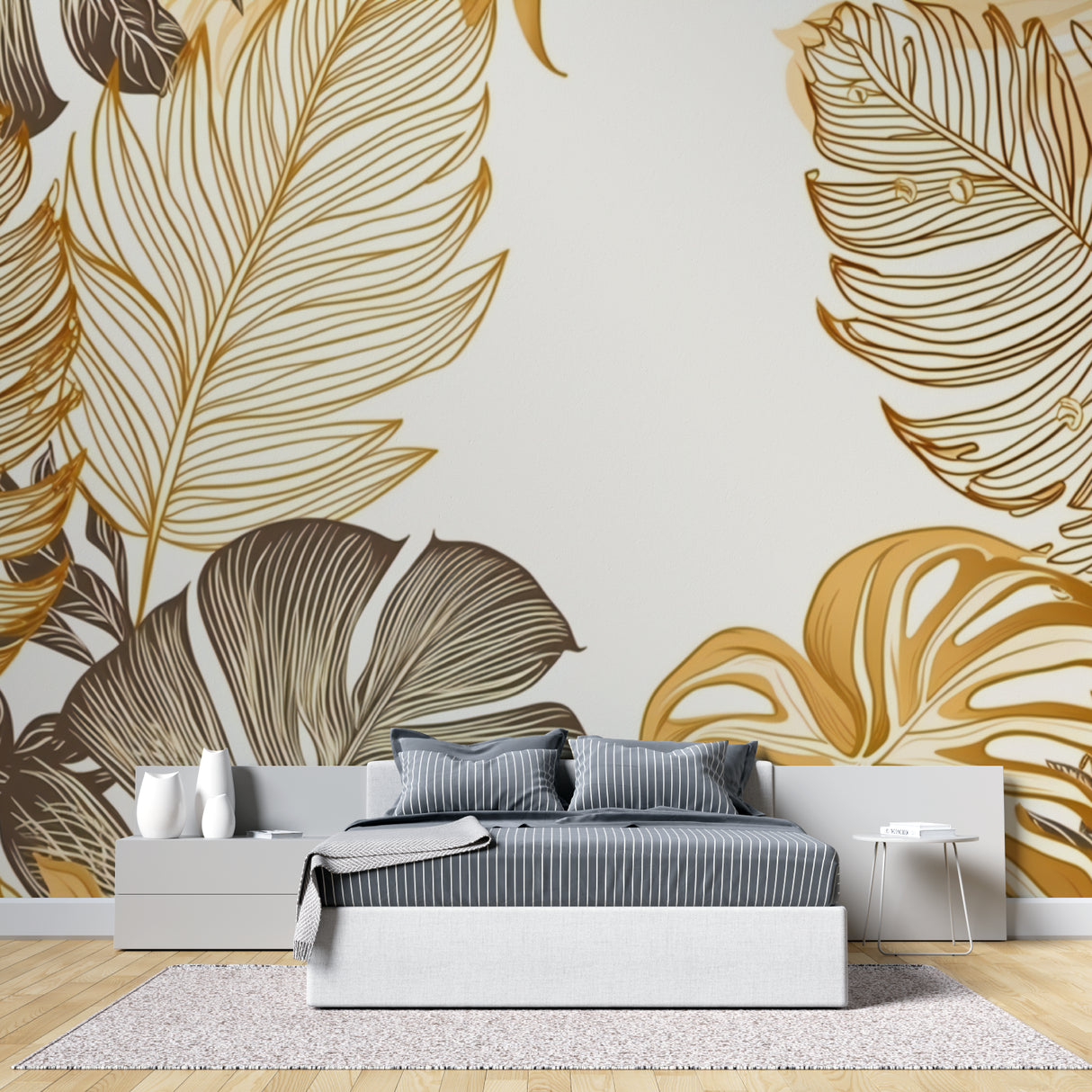 Gold Monstera leaf wallpaper in master bedroom, showing metallic details catching morning light