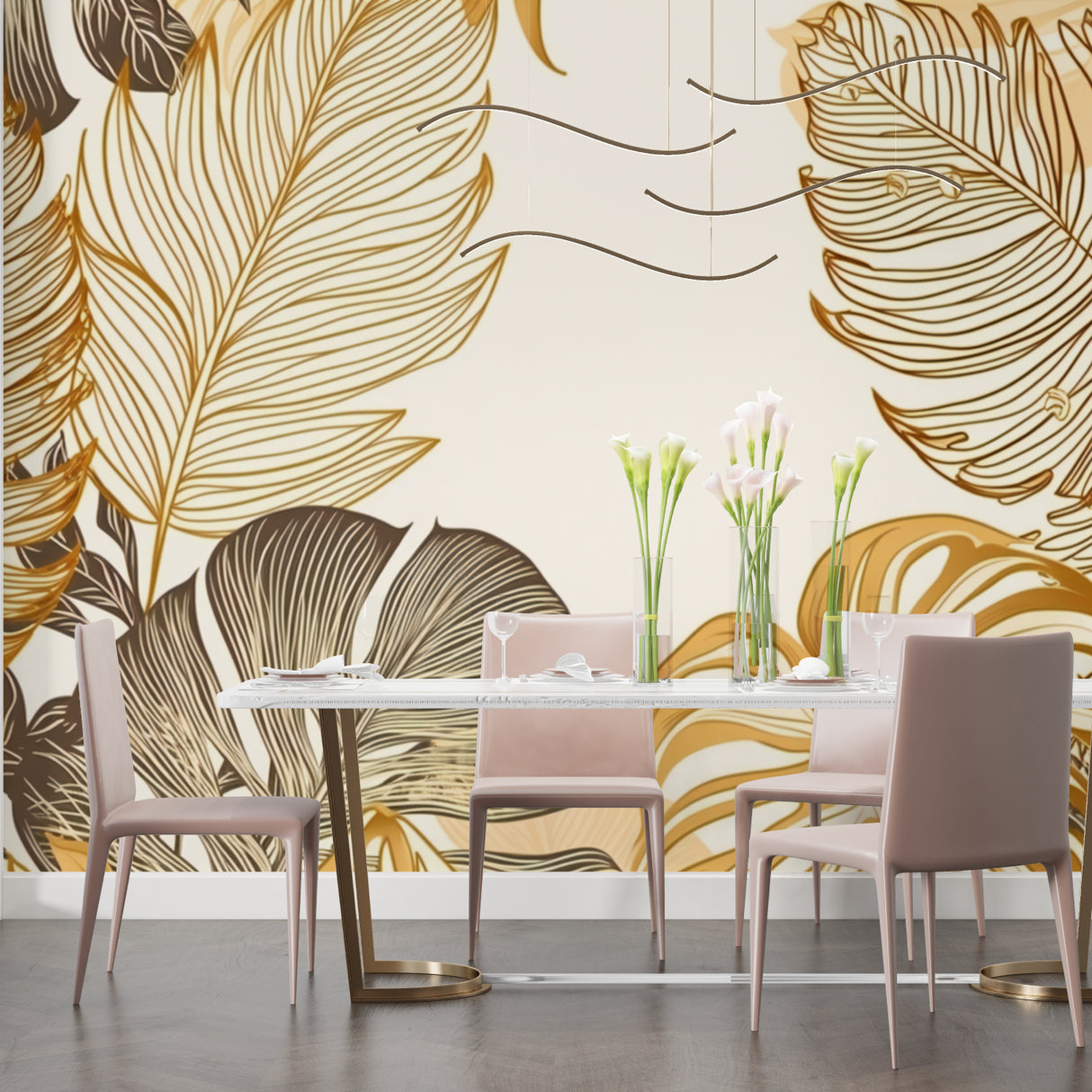 Luxury botanical wallpaper featuring gold leaves in dining room setting