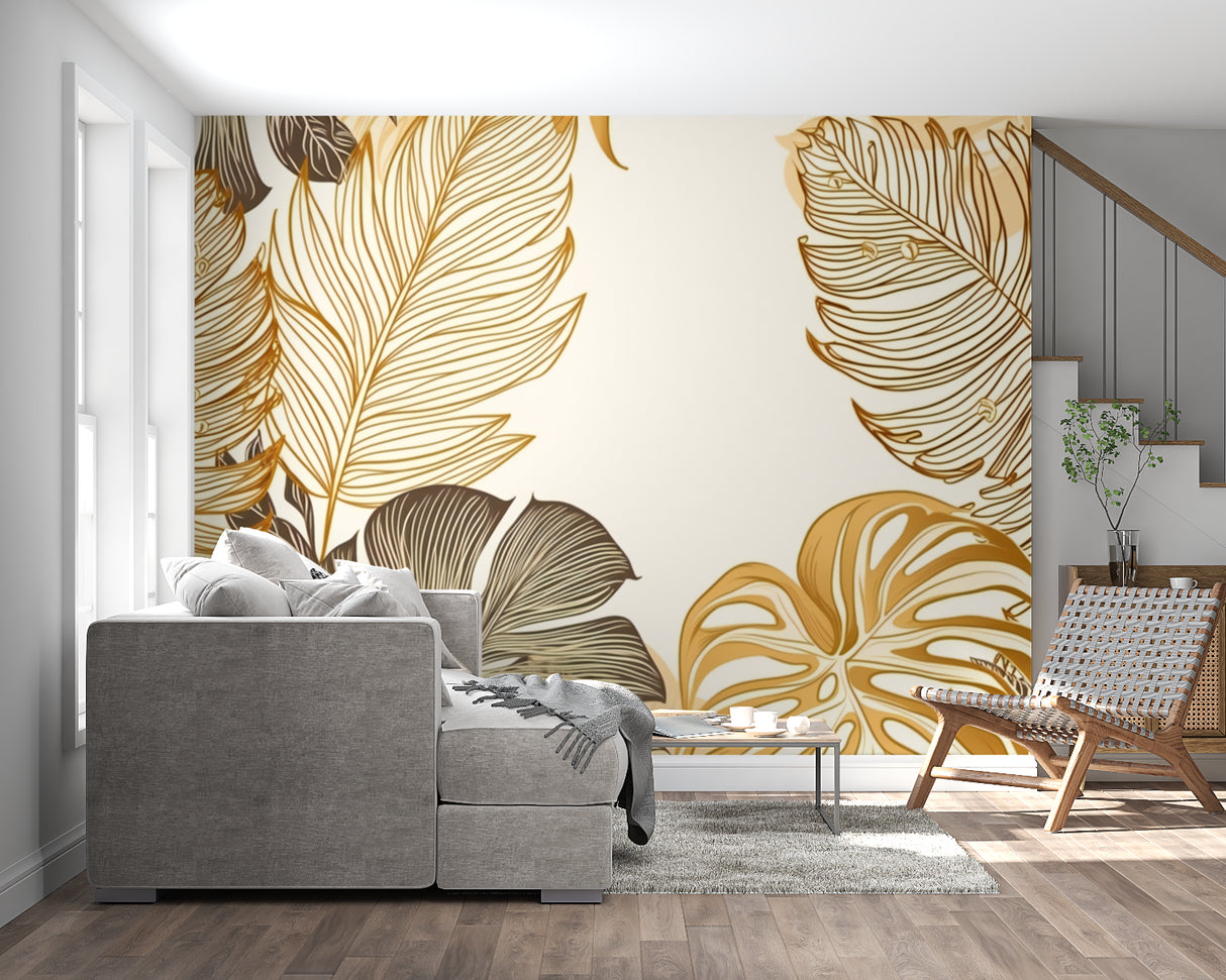 Brown and gold tropical wallpaper in home office showing scale of Monstera pattern
