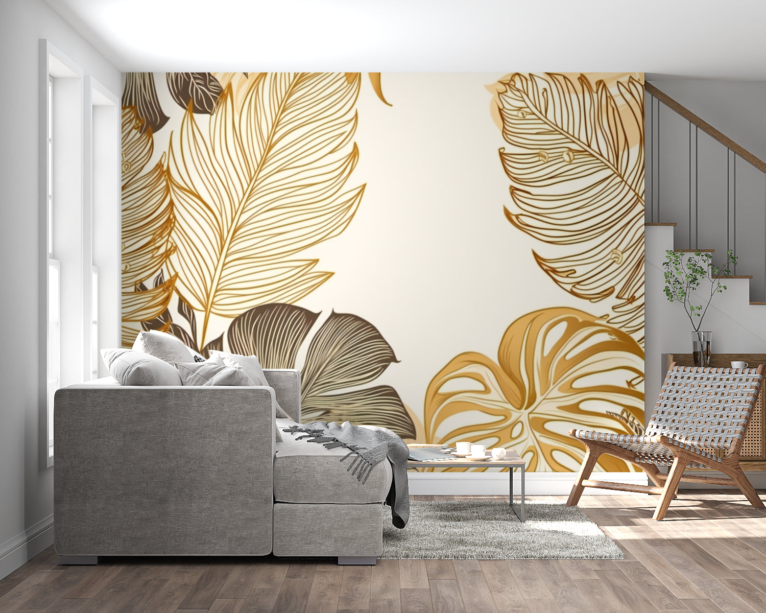 Brown and gold tropical wallpaper in home office showing scale of Monstera pattern