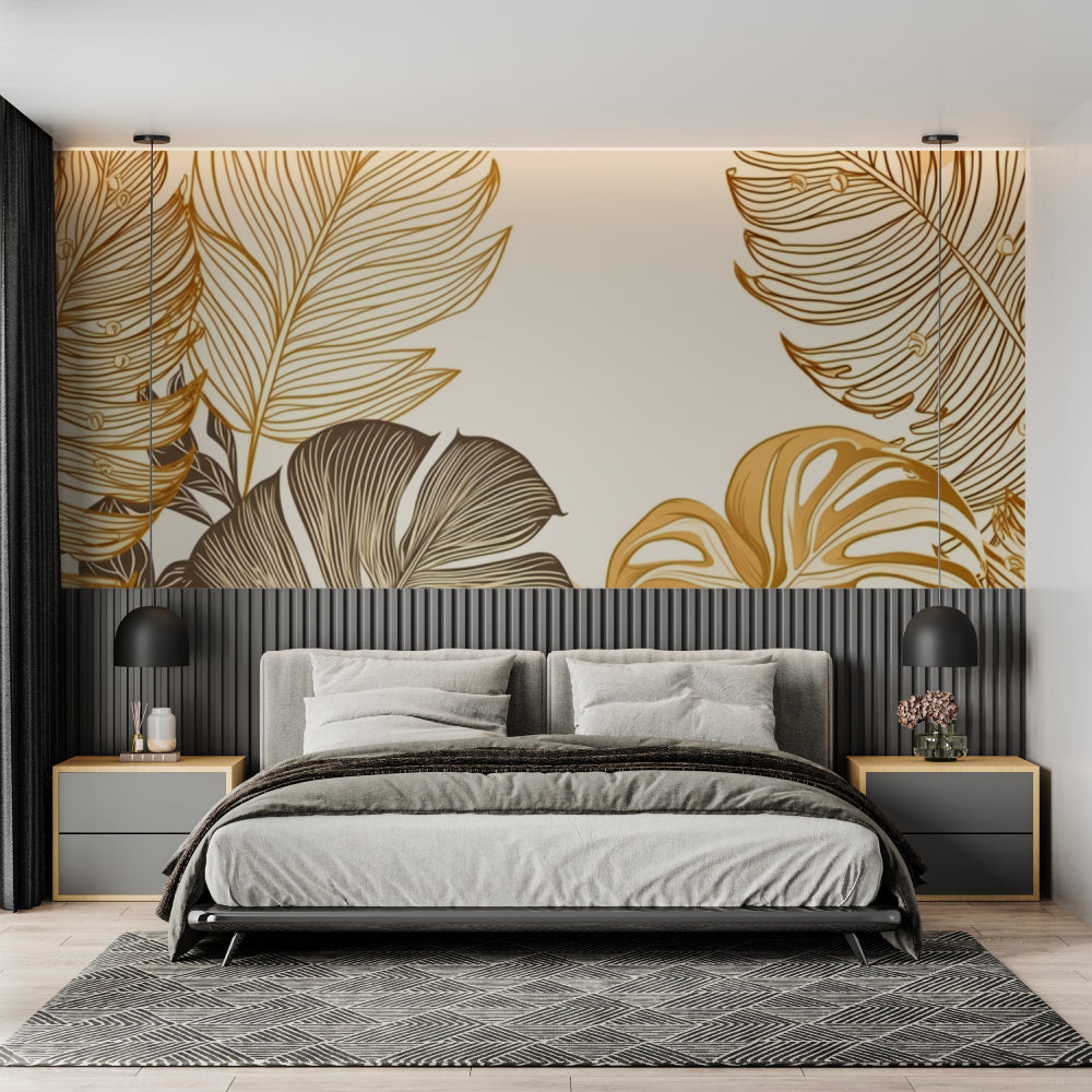 Monstera leaf mural in hallway showcasing gold metallic details