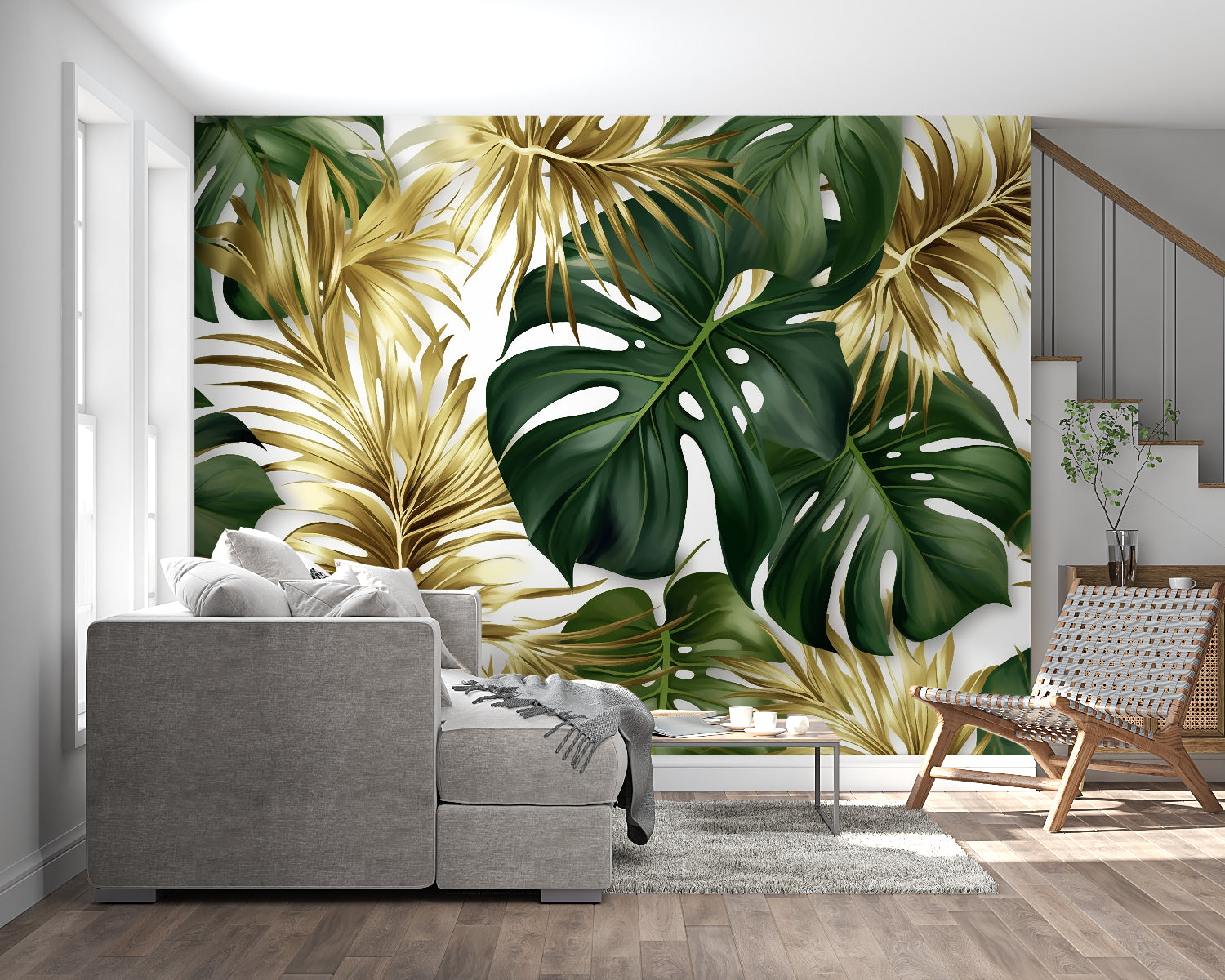 Monstera leaf wallpaper creating focal point in bright dining room setting
