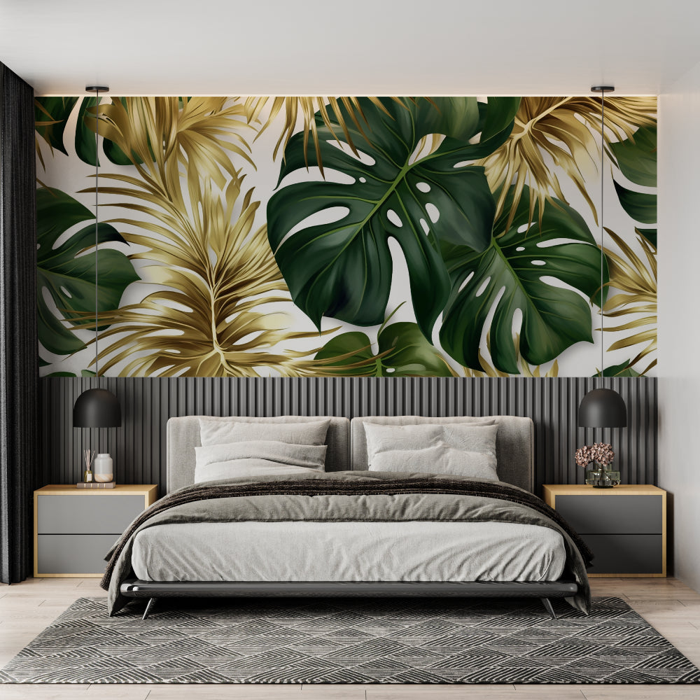 Gold and green tropical wallpaper in luxury master bedroom with morning light