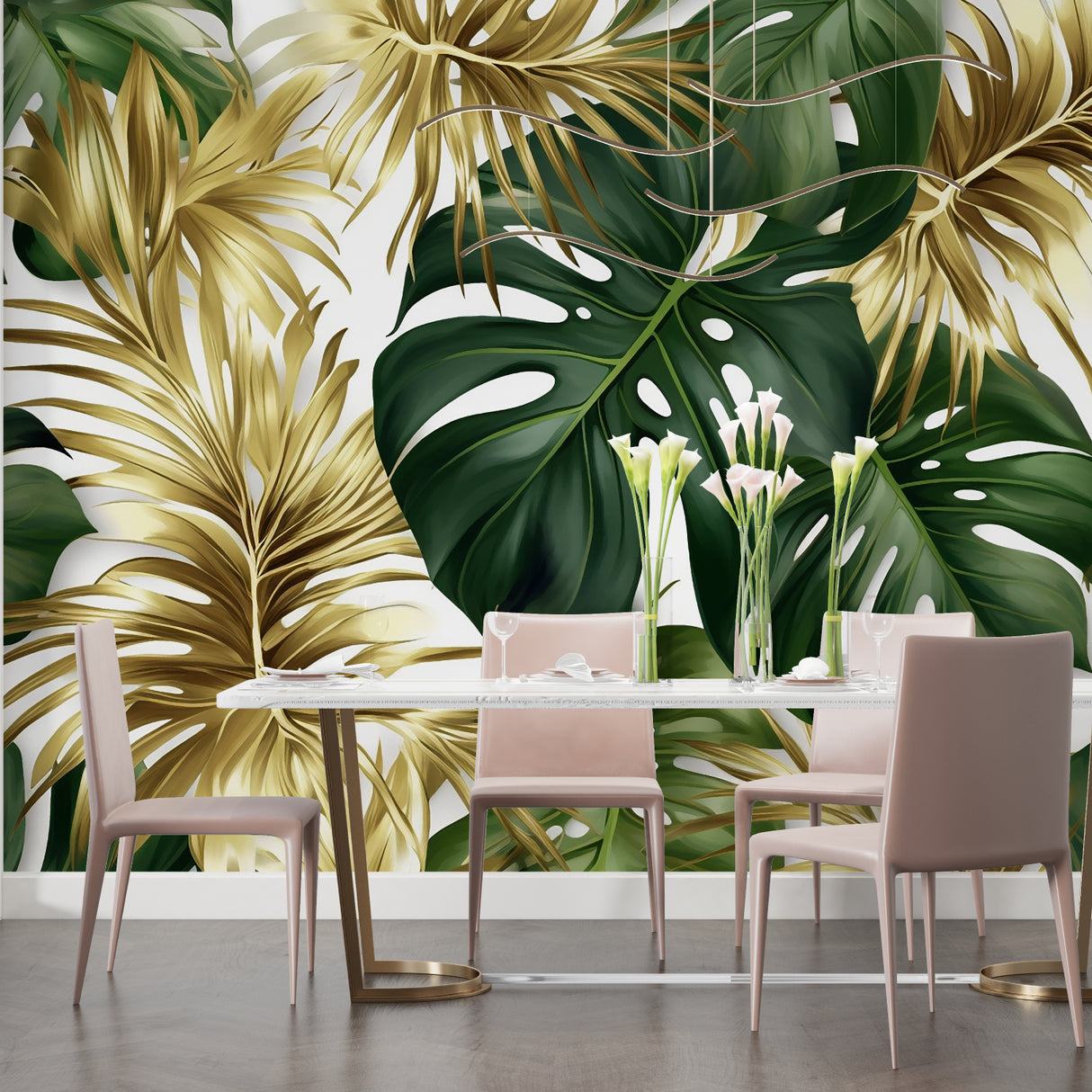 Botanical wall mural bringing tropical feel to contemporary home office space