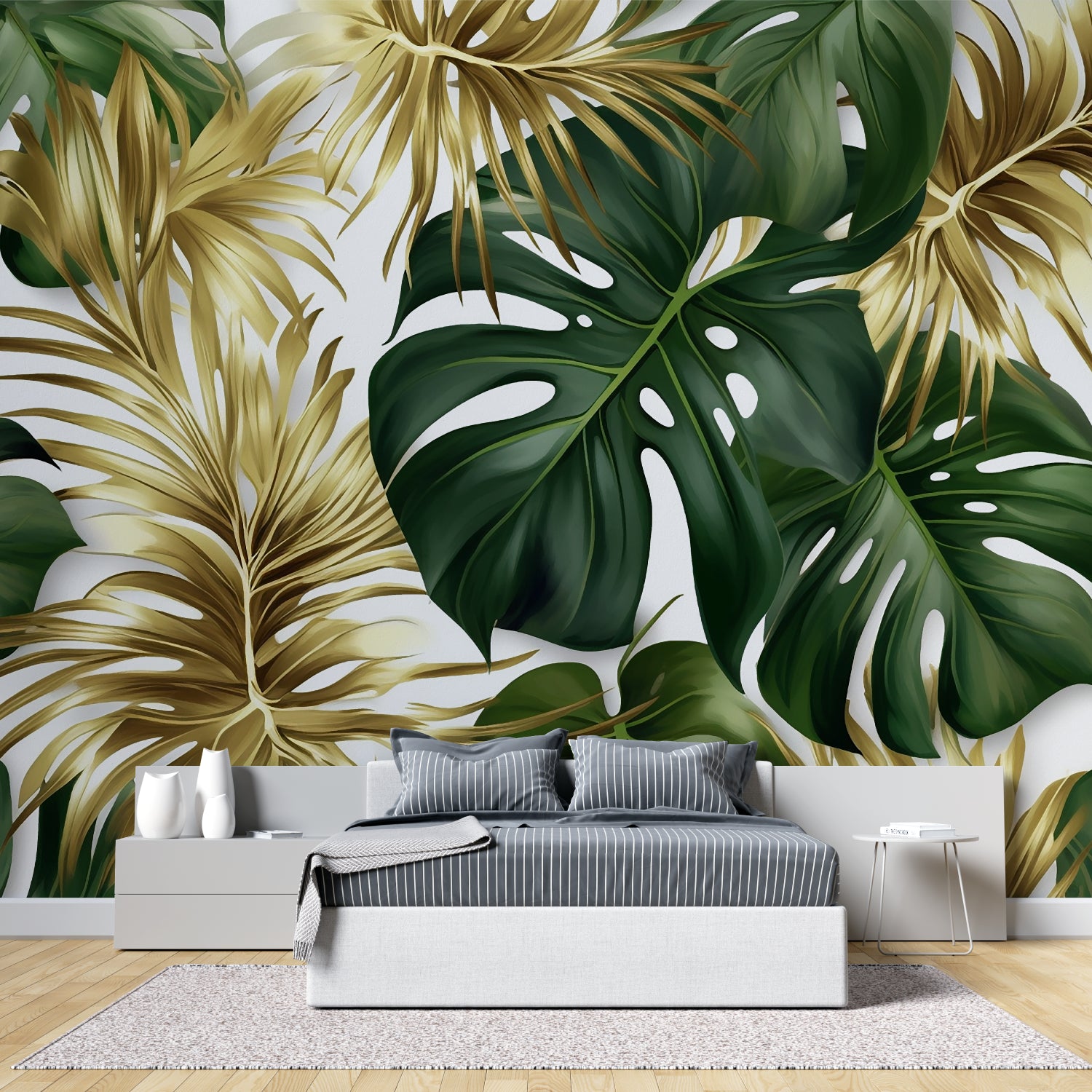 Monstera leaf pattern adding natural elegance to modern hallway design