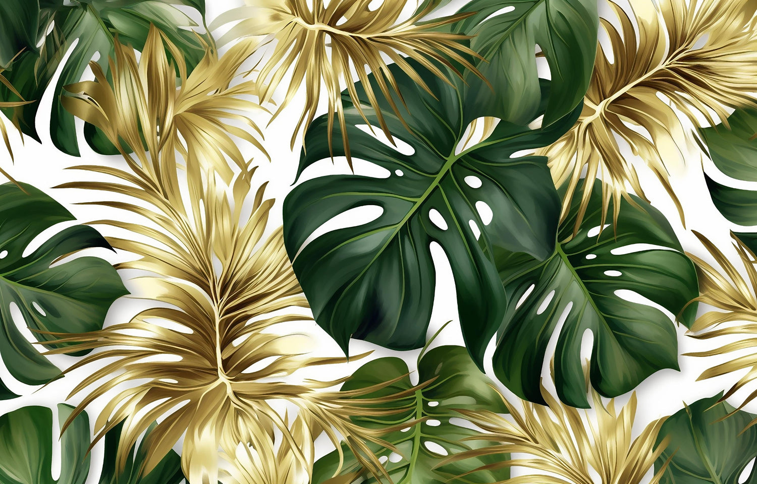 Detailed design file of gold and green monstera leaf pattern on white background