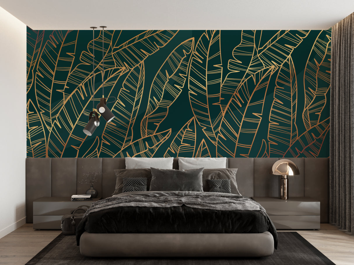 Tropical banana leaf wallpaper with gold accents creating a sophisticated atmosphere in modern living room