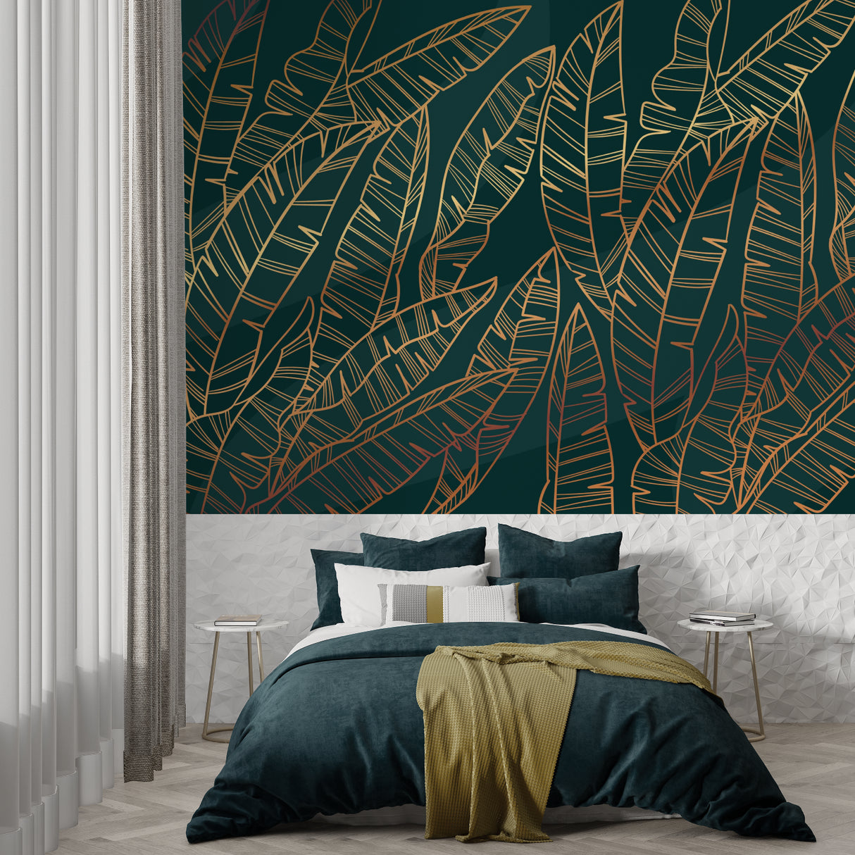 Green and gold tropical wall mural bringing natural elegance to master bedroom