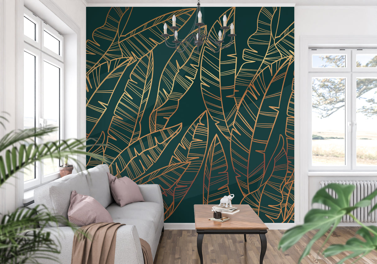 Metallic gold leaf wallpaper making a statement in luxury dining room