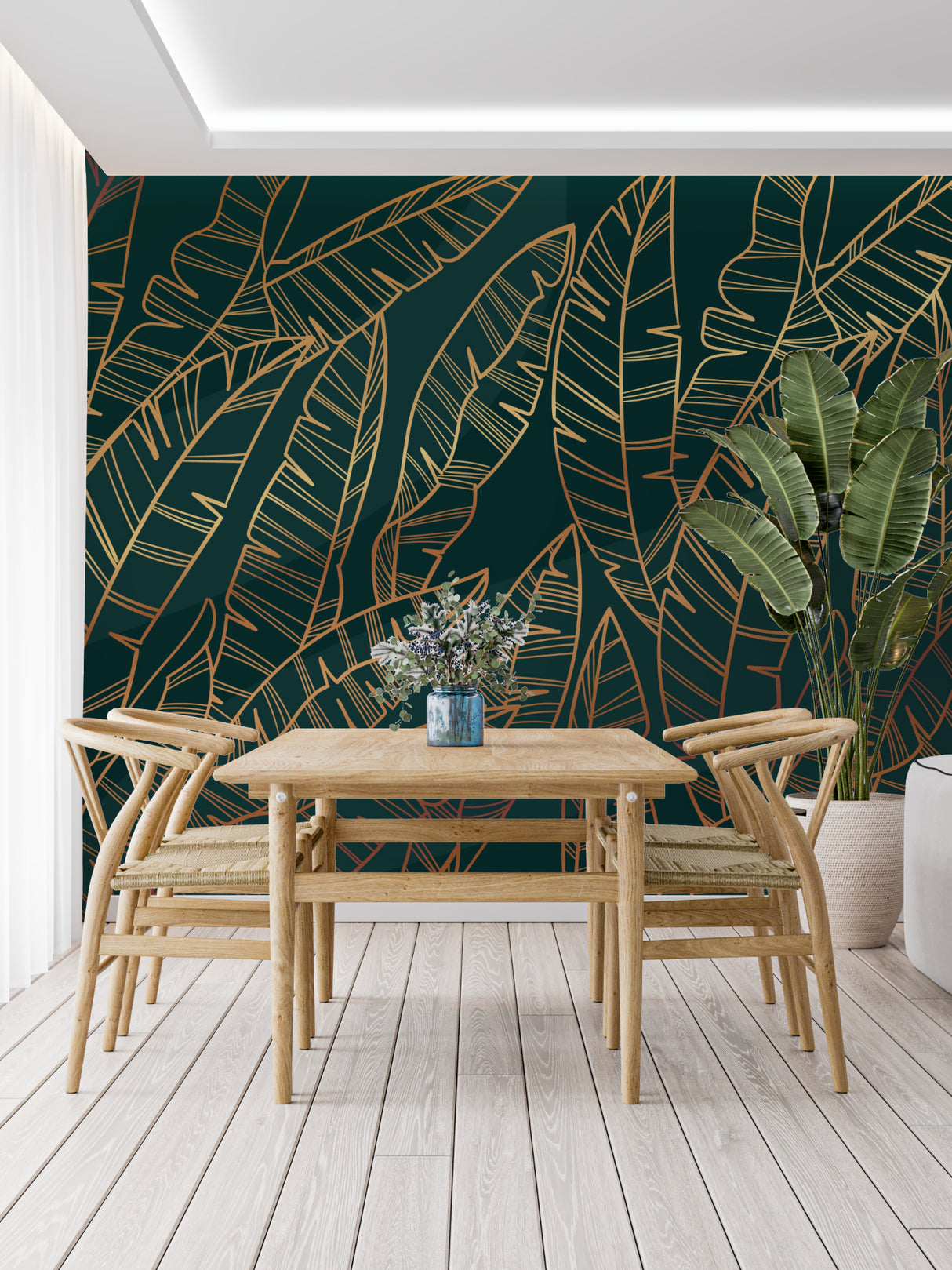 Botanical wall mural with golden details adding depth to home office