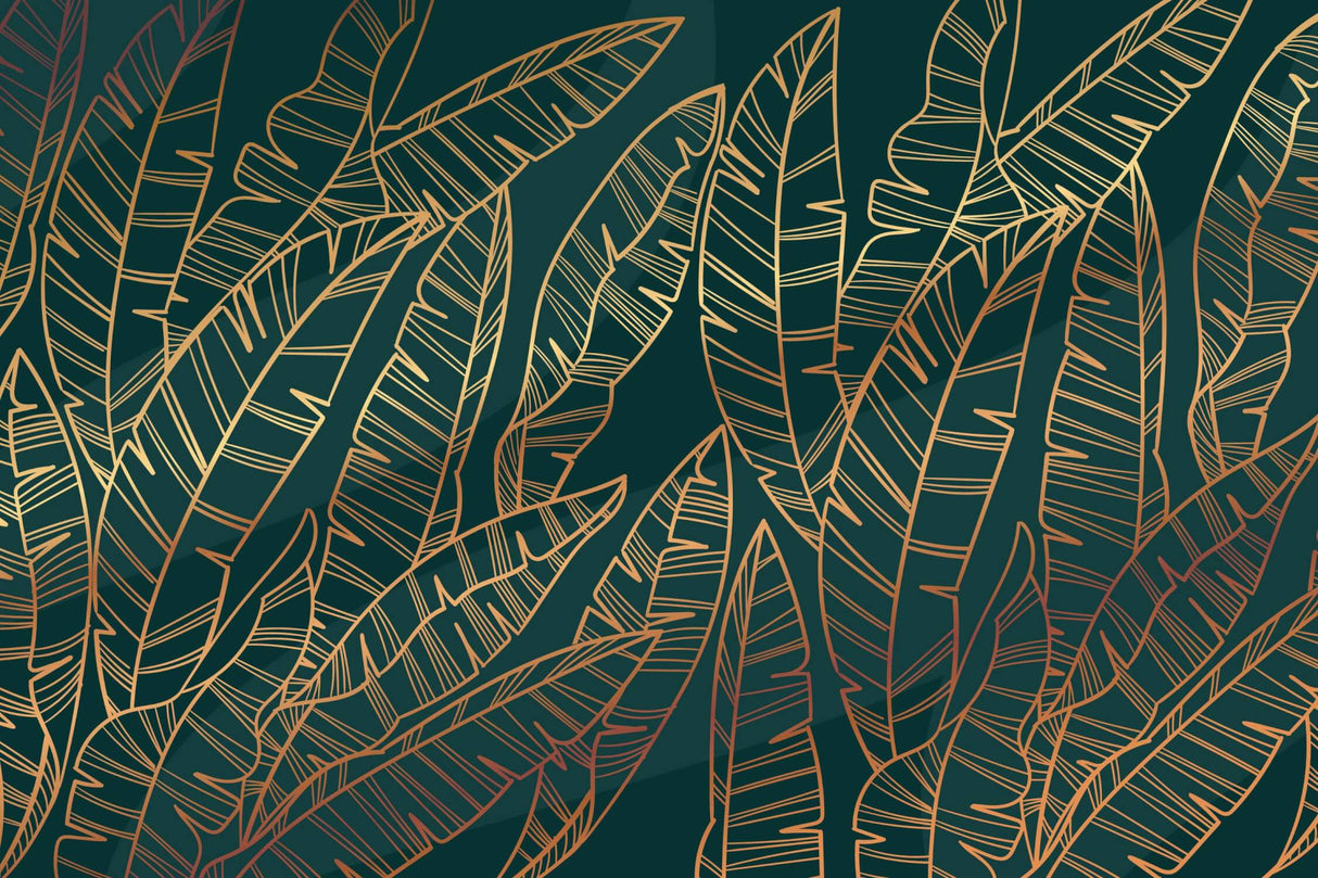 Design file showing detailed gold banana leaves pattern on emerald green background