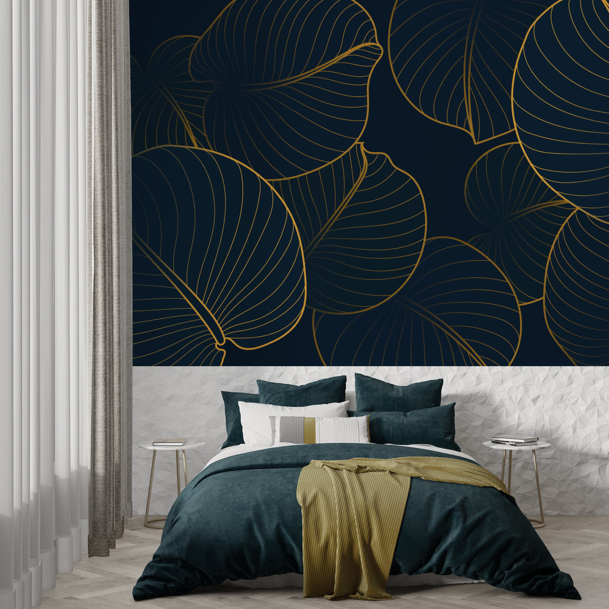 Tropical gold leaf wallpaper creating luxury feel in modern living room with navy blue accents