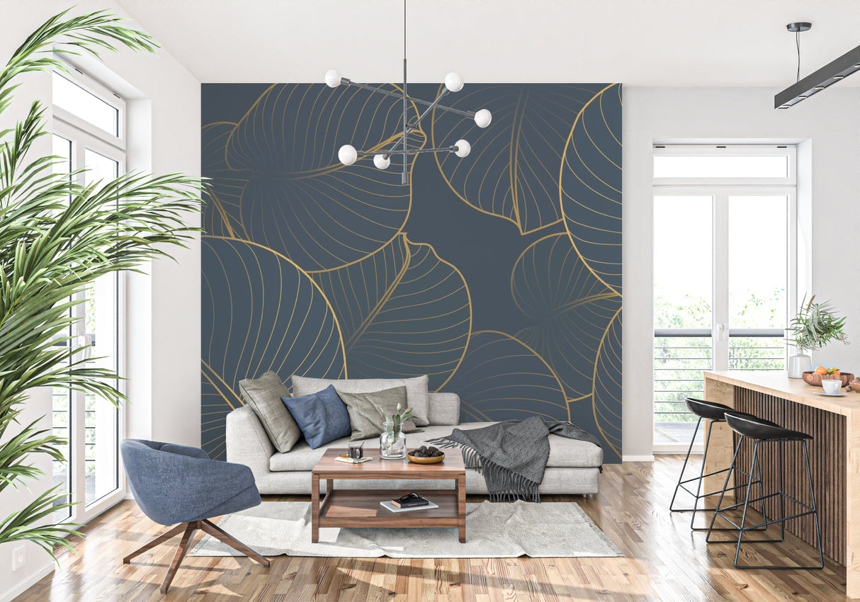 Metallic leaf wallpaper adding luxury to home office space