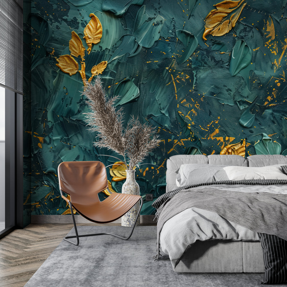 Tropical gold leaf wallpaper in modern living room with emerald accents and natural light