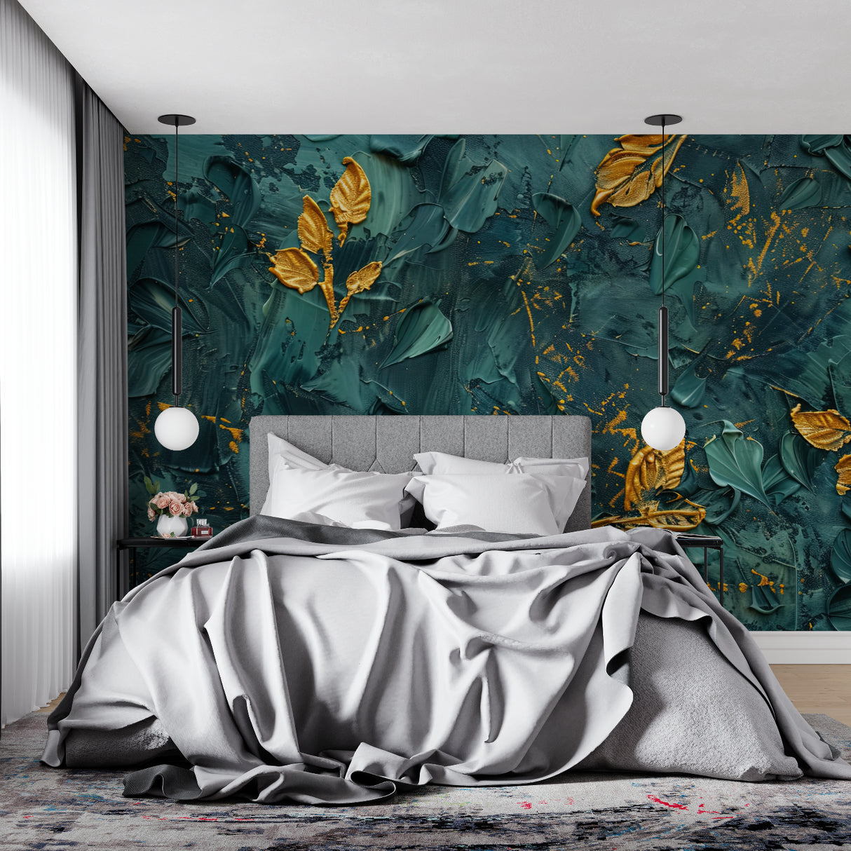 Emerald and gold tropical wallpaper creating luxury atmosphere in master bedroom