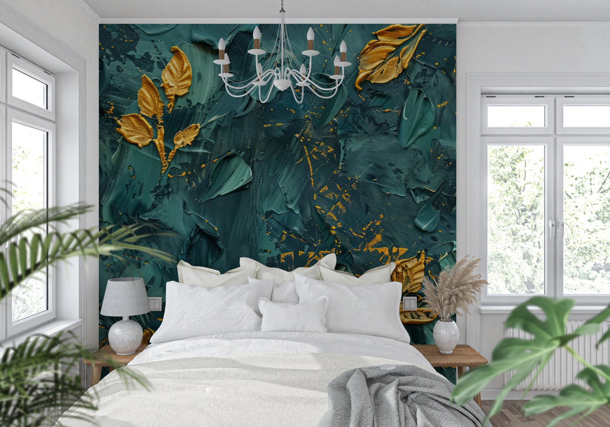 Gold leaf tropical wallpaper adding drama to dining room feature wall