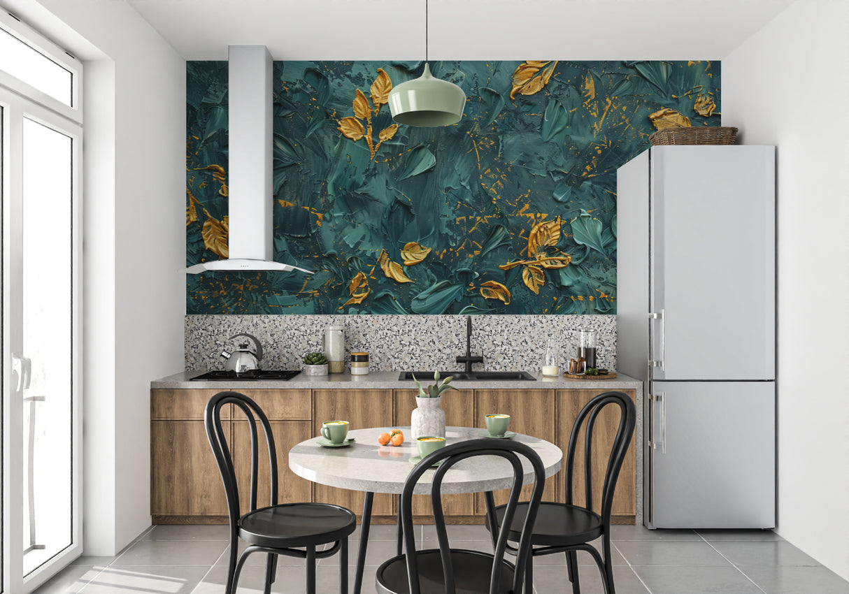Botanical wallpaper with metallic gold leaves in home office setting