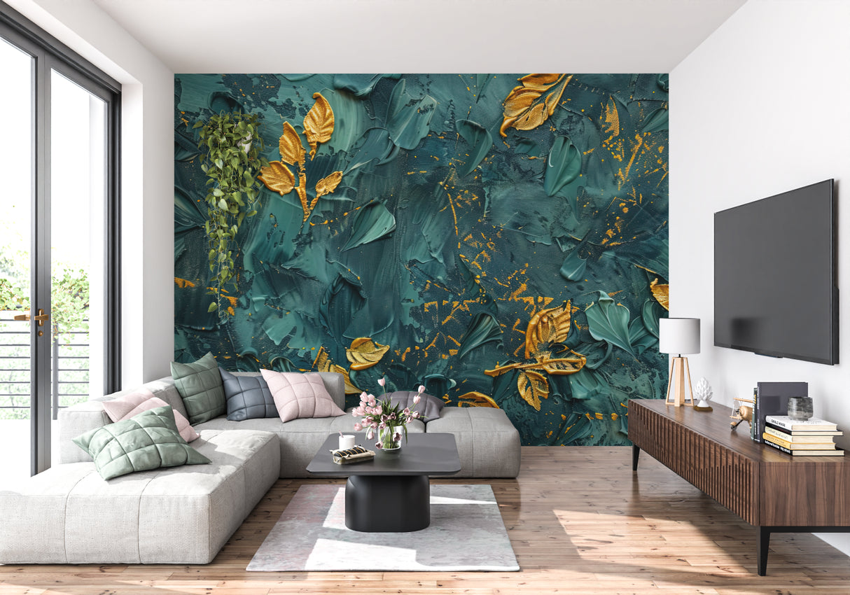 Emerald green wall mural with gold accents in contemporary hallway