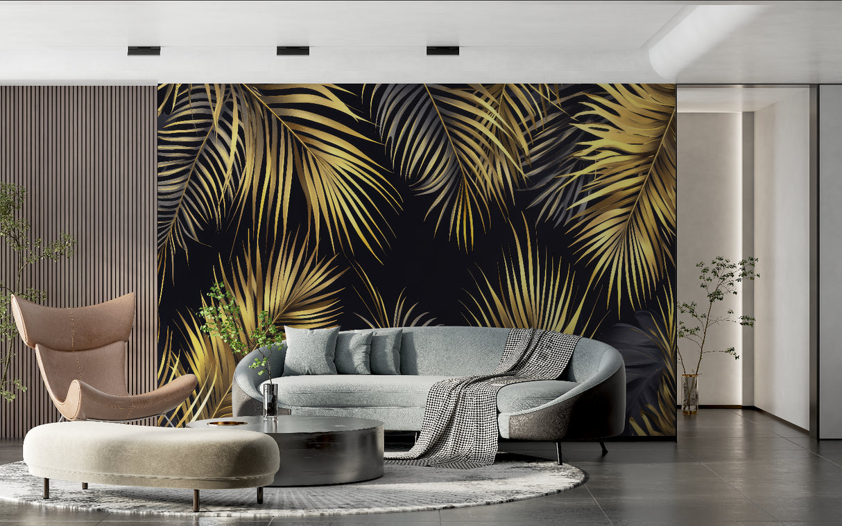 Tropical palm leaf wallpaper in modern living room, gold metallic palms on black background create luxury atmosphere