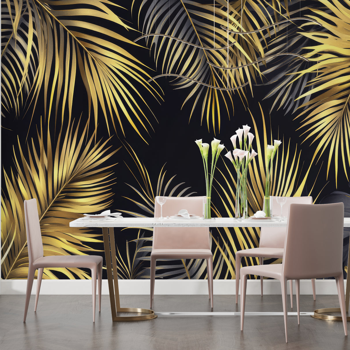 Black and gold palm wallpaper making statement in master bedroom, dramatic tropical design